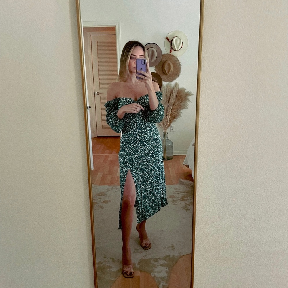 Zara Green Floral Off-Shoulder Dress